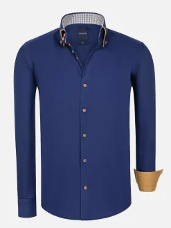 Wam Denim Overhemd Lange Mouwen|Ales Solid Structured Navy Overhemd Lange Mouw