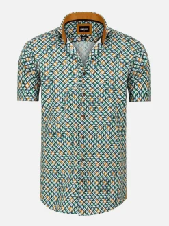 Wam Denim Overhemd Korte Mouwen|Asher Tailored Fit White Green Overhemd