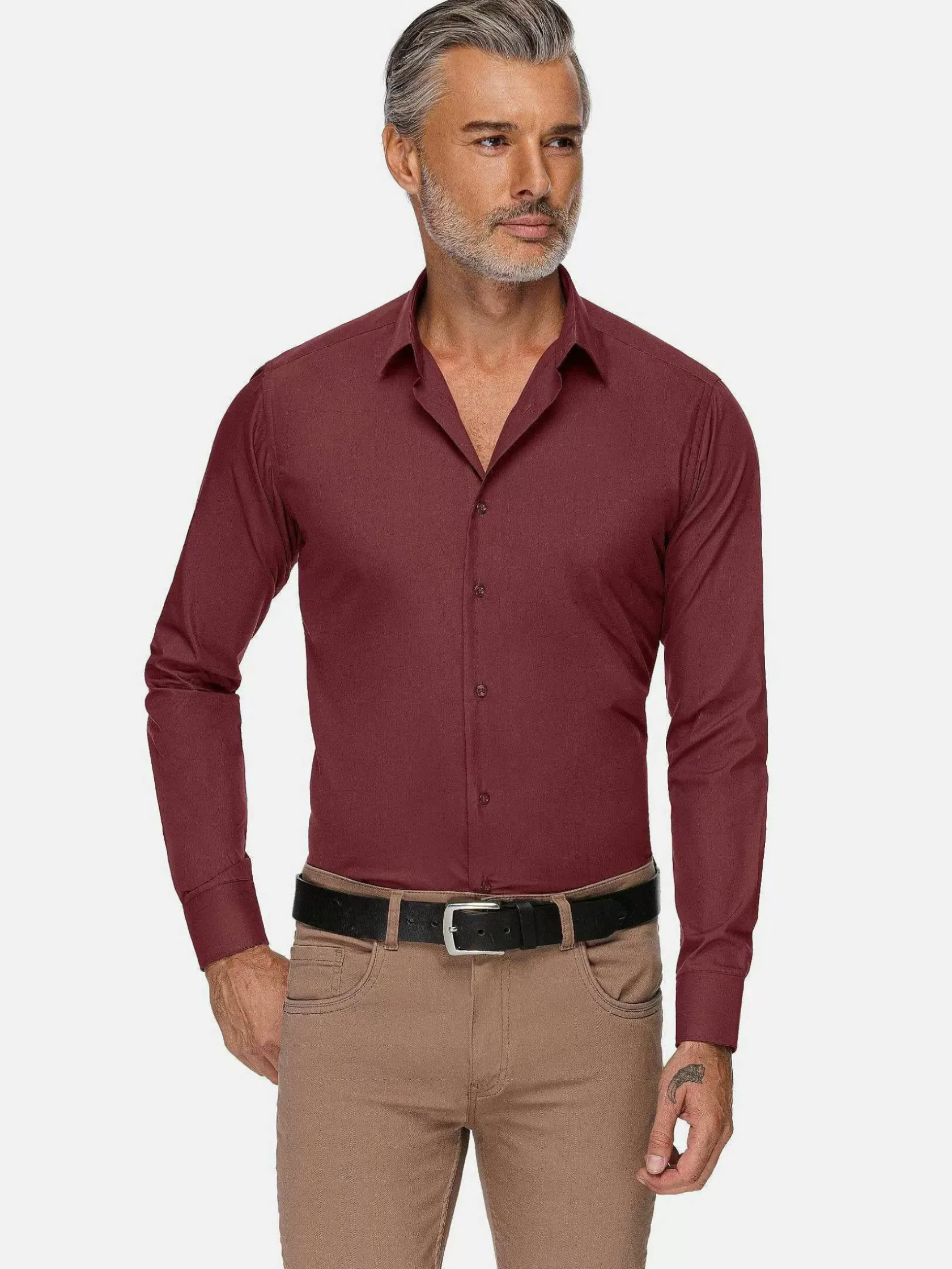 Wam Denim Overhemd Lange Mouwen|Leira Solid Dark Red Overhemd Lange Mouw