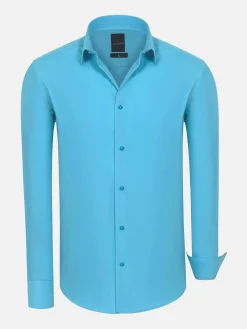 Wam Denim Overhemd Lange Mouwen|Leira Solid Turquoise Overhemd Lange Mouw