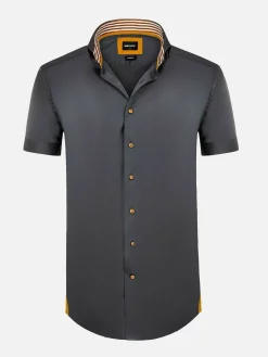 Wam Denim Overhemd Korte Mouwen|Owen Tailored Fit Anthracite Overhemd Korte Mouw