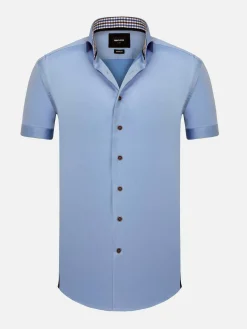 Wam Denim Overhemd Korte Mouwen|Owen Tailored Fit Blue Overhemd Korte Mouw
