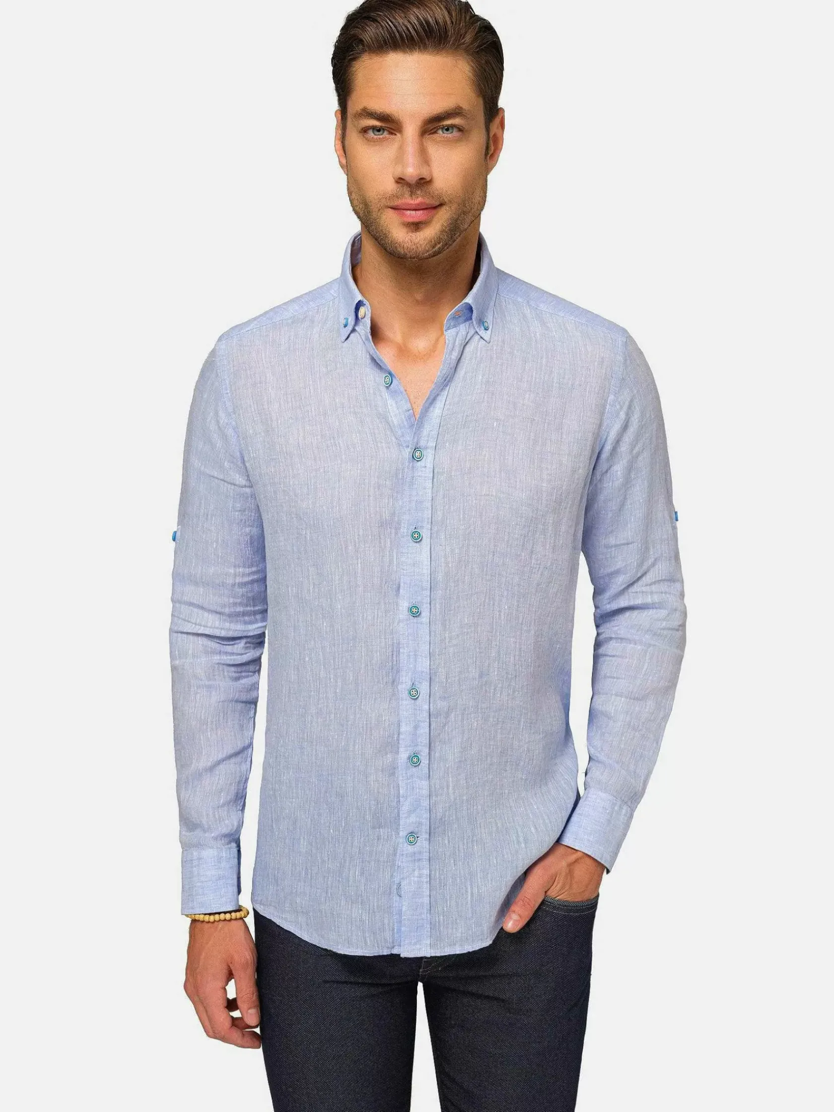 Wam Denim Overhemd Lange Mouwen|Redention Linen Blue Overhemd Lange Mouw