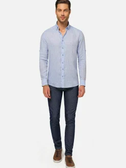 Wam Denim Overhemd Lange Mouwen|Redention Linen Blue Overhemd Lange Mouw