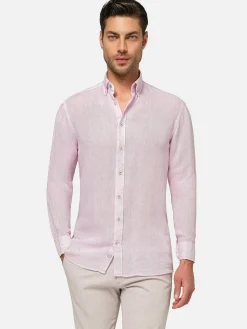 Wam Denim Overhemd Lange Mouwen|Redention Linen Pink Overhemd Lange Mouw