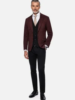 Wam Denim Gilets|Red Wood Glen Check Slim Fit Dark Red Black Suit Gilet